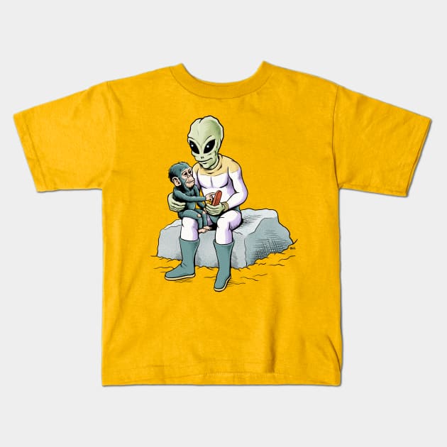 Alien teaches Chimp friend Kids T-Shirt by awcomix